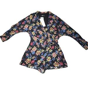 Zara Black Long Sleeve Romper with Vibrant Floral Design - Size L - NWT